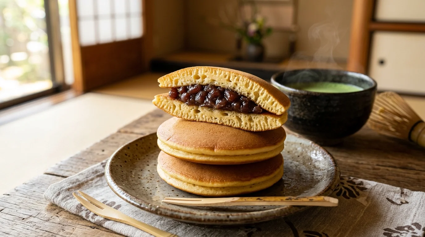 Dorayaki Tradicional Japonês recheado com pasta doce de feijão azuki ao lado de uma xícara de matcha