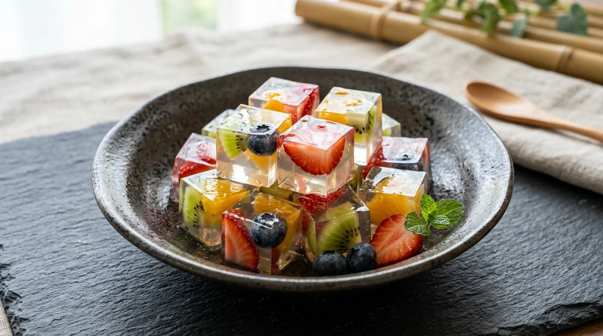 Cubos de Gelatina Japonesa Kanten com Frutas Frescas