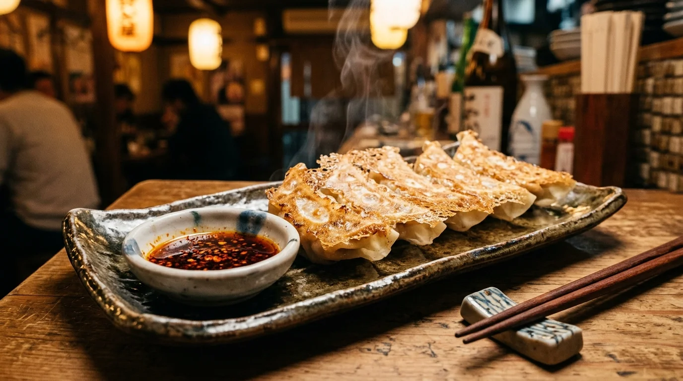 Prato de Gyosa Japonês grelhado servido com molho tare em um izakaya