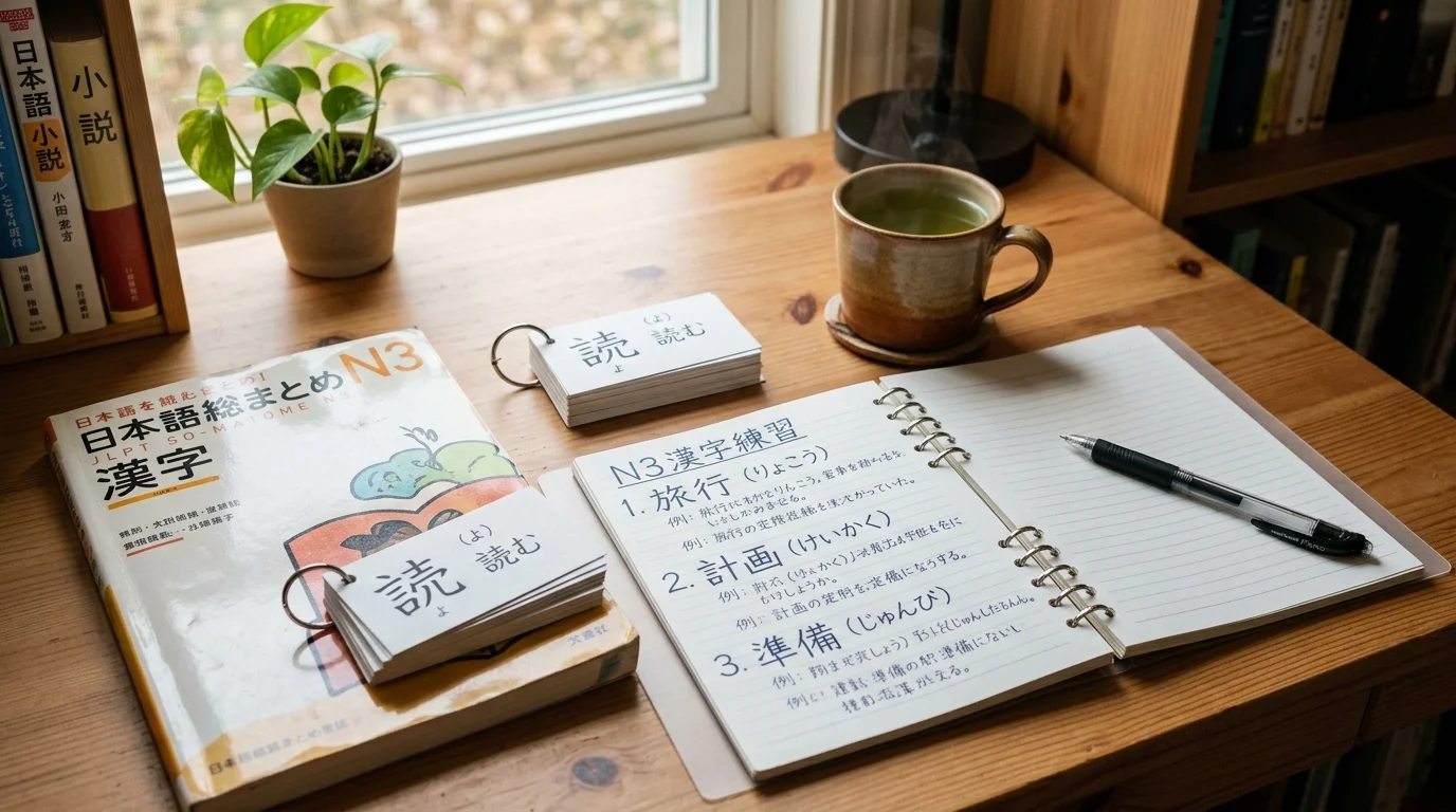 Mesa de estudos com caderno de anotações de kanjis para o JLPT e livros preparatórios