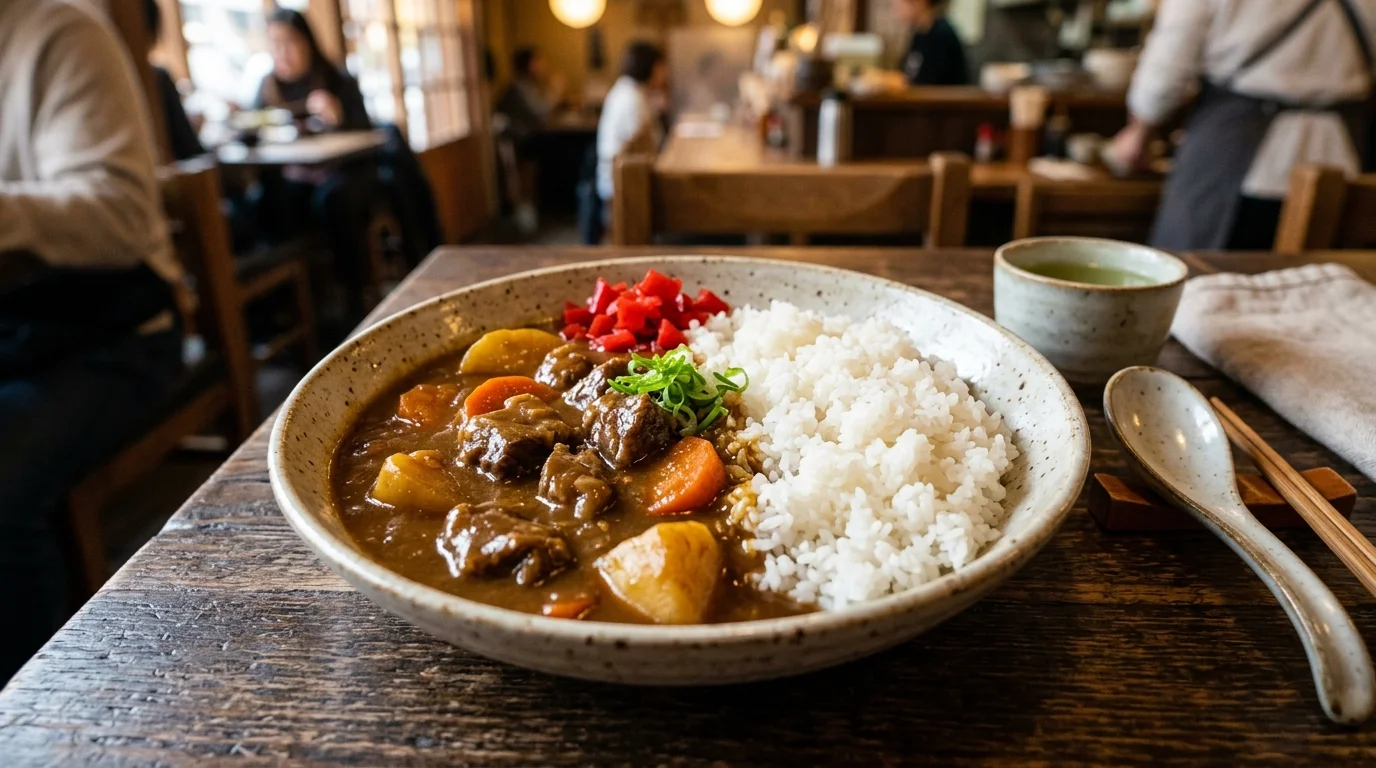 Prato tradicional de Kare Raisu japonês com arroz branco e legumes macios