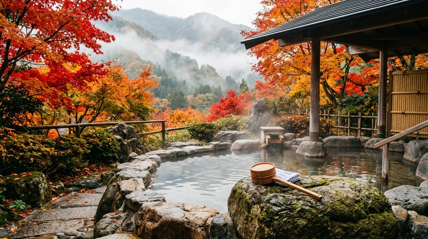 Banho termal ao ar livre (Rotenburo) cercado pela natureza japonesa no outono