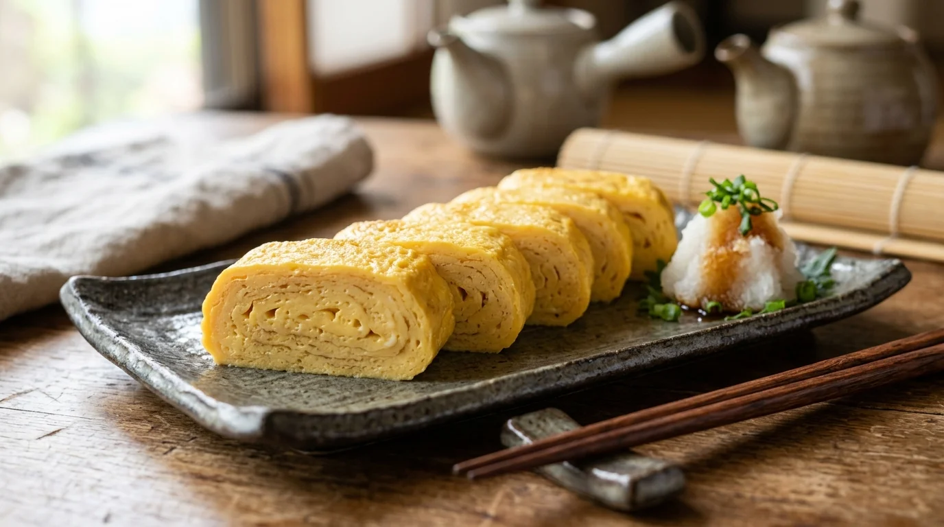 Fatias perfeitas de Tamagoyaki japonês mostrando suas camadas concêntricas douradas
